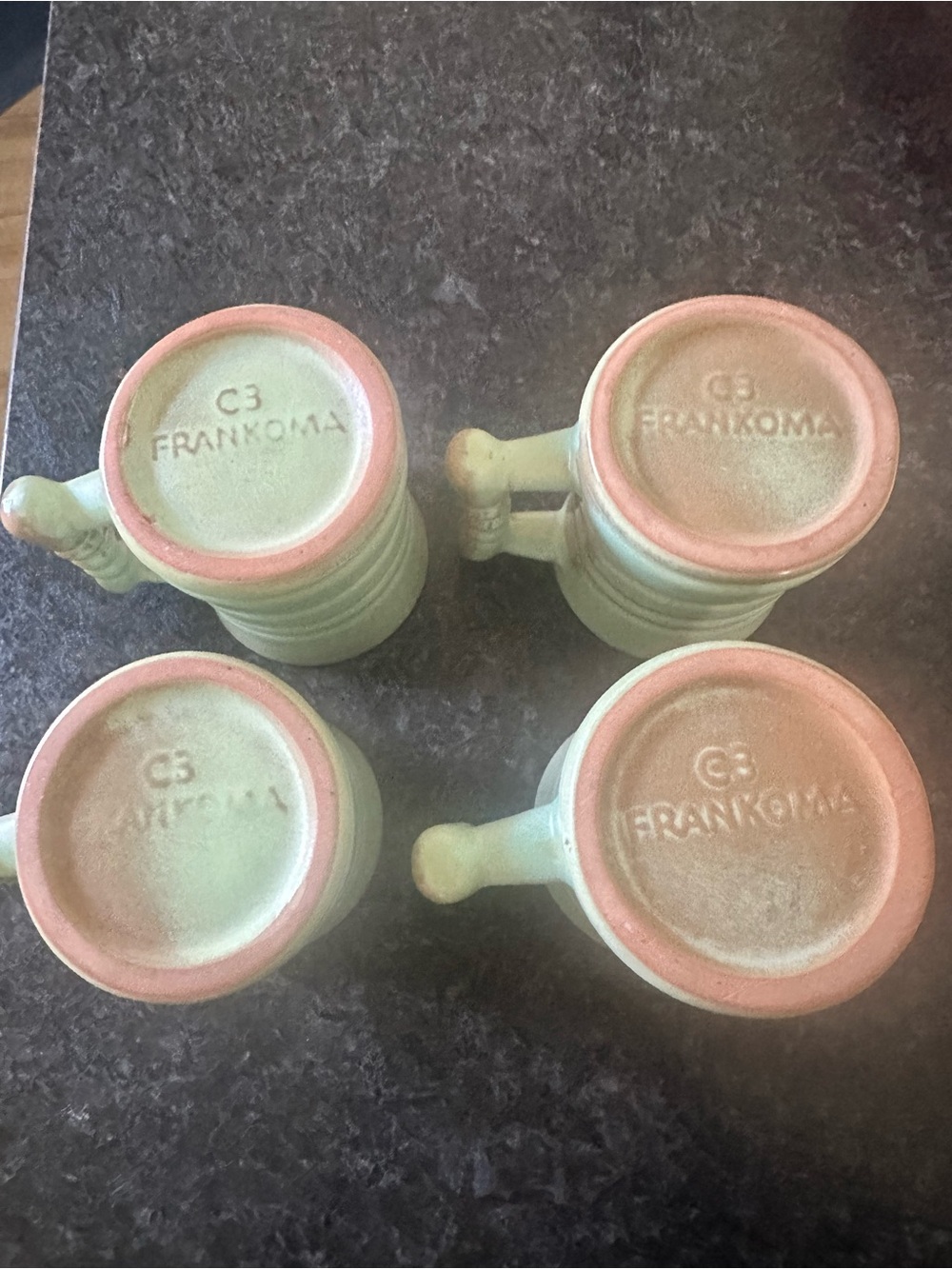 Frankoma Mint Green and red clay-Rim Ribbed Mugs - Set of 4